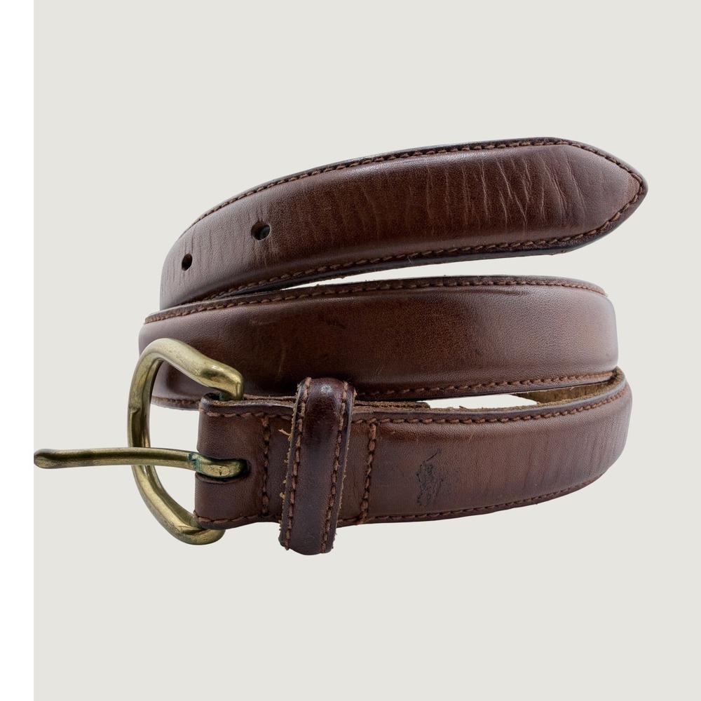 Polo Ralph Lauren Belt Mens 34 Brown Italian Saddle Leather Brass Buckle Pony